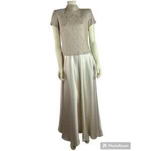 Vintage Y2K Bari Jay Champaign Maxi Dress Gown lace bodice full skirt size 11-12